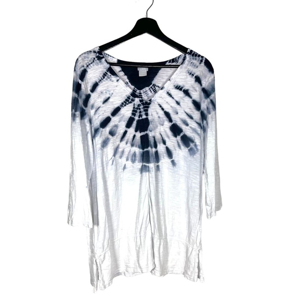 Chicos Blue White Tie Dye Long Sleeve Top 1 Medium
